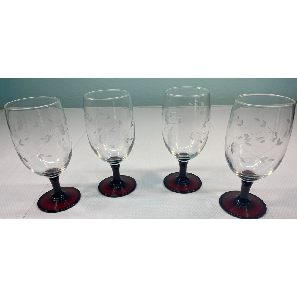 Priness House Heritage qty 4 Red Stem Iced Tea Glasses 7" Tall (0342)